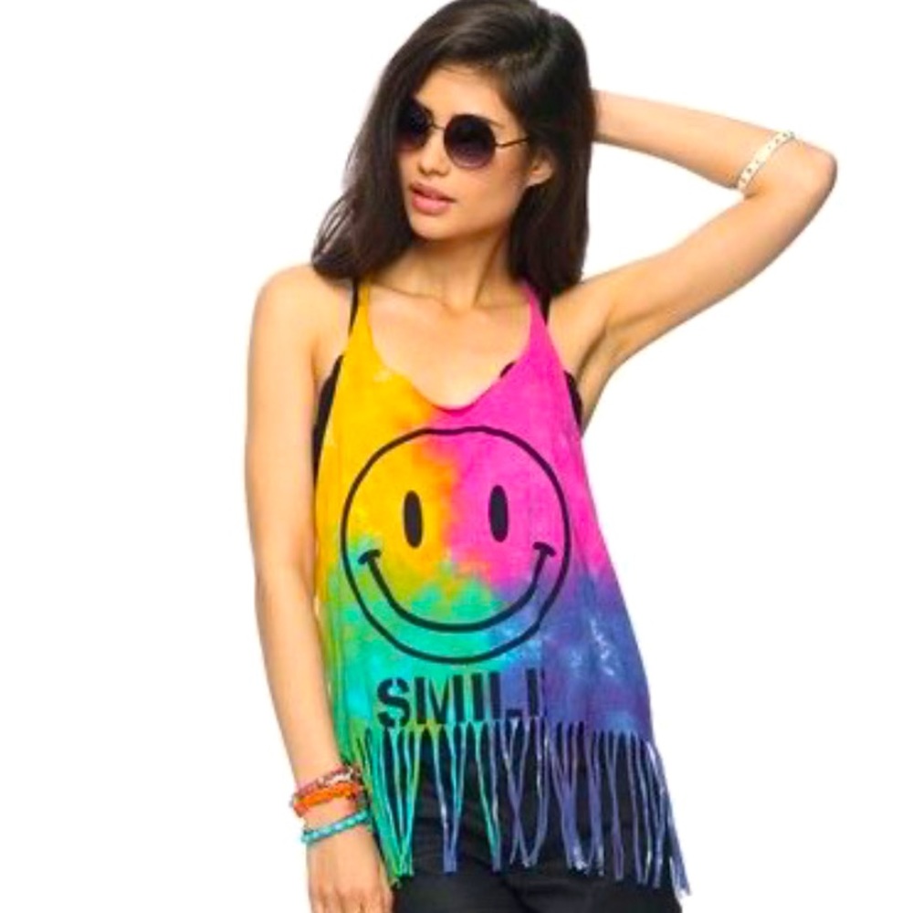 Forever 21 Rainbow Tie Dye Fringe Smiley Face Tank Top – Size L